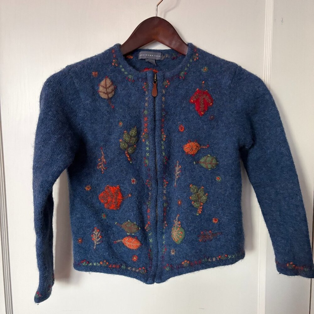 Vintage Northern Isles Zip Front Sweater Jacket Leaves Blue Size L